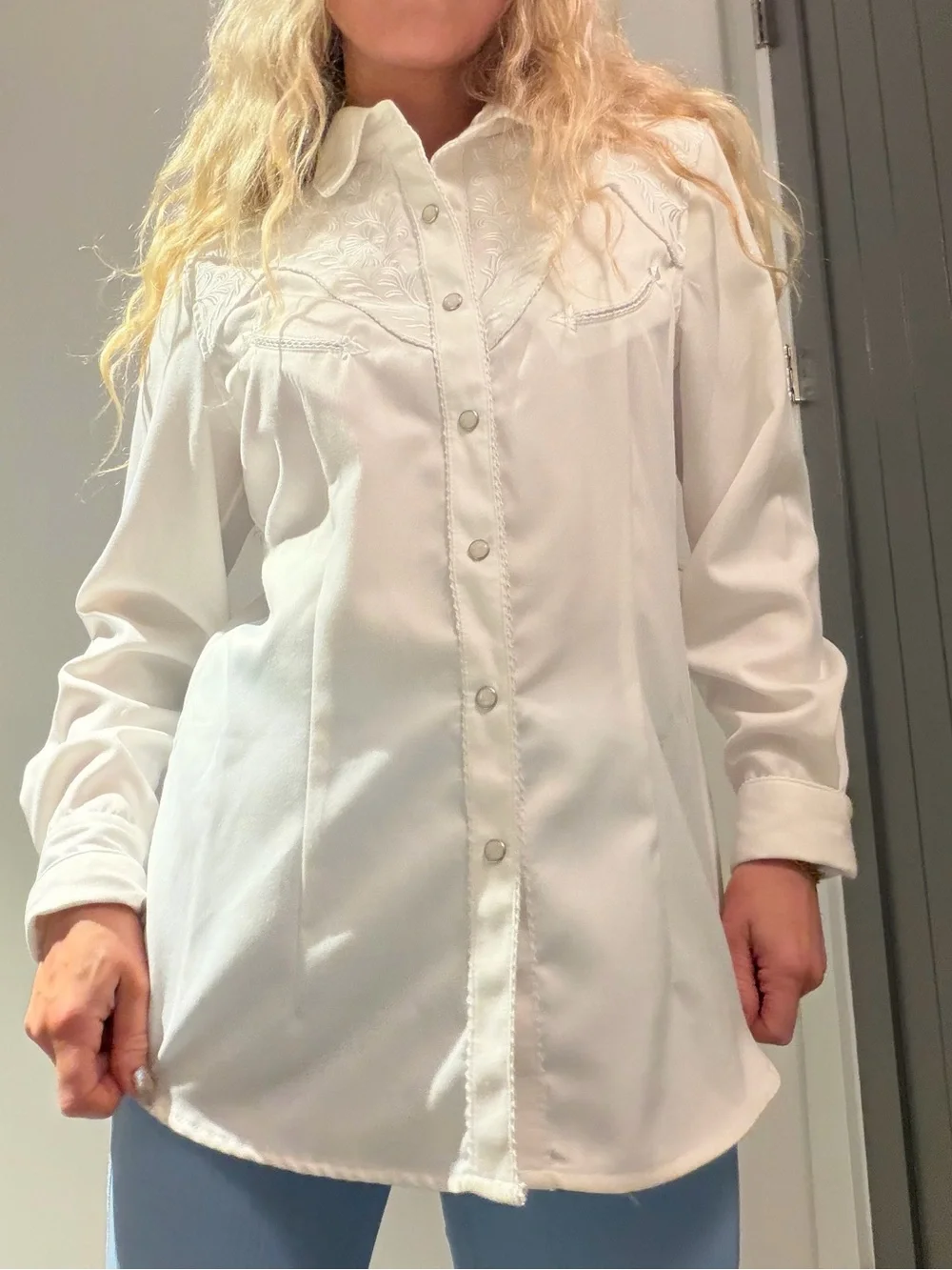 Vintage Panhandle Slim White Floral Embroidered Pearl Snap Shirt - Picture 5 of 15